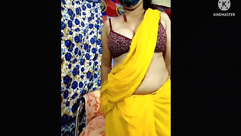 Yellow Colour Saree Indian Sexy Housewife