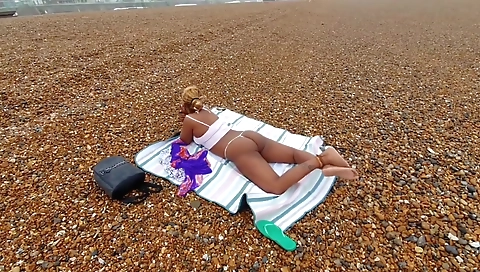 Thick Booty Ebony Beauty In A G-string Micro Bikini At A Public Beach - Pussy Slip Pov
