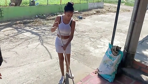 Im Bored Sweeping Outside The House And My Neighbor Invites Me To Fuck So I Accept